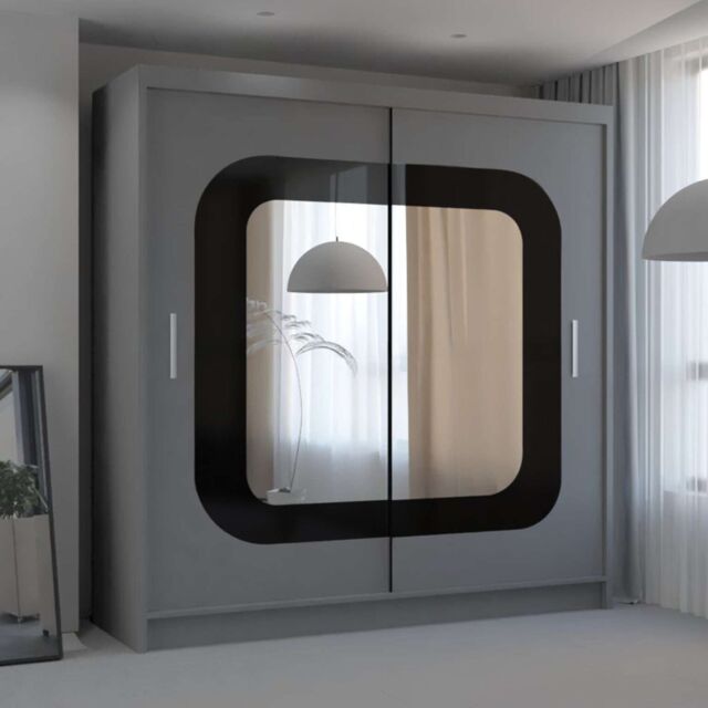 MN Furniture Wardrobe with Sliding Door-Mirror & LED Light 150cmx217cm in Grey - Size: 150 cmx217 cm - image 1