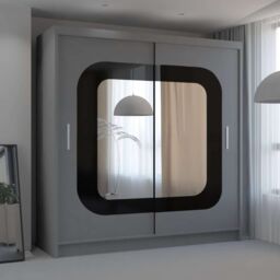 MN Furniture Wardrobe with Sliding Door-Mirror & LED Light 150cmx217cm in Grey - Size: 150 cmx217 cm