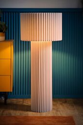 ValueLights Lenny Drum Lamp Shade Colour Drench Ribbed Full Fabric Midi Floor Lamp in Stone - thumbnail 2