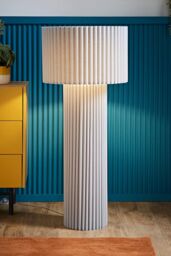 ValueLights Lenny Drum Lamp Shade Colour Drench Ribbed Full Fabric Midi Floor Lamp in Stone