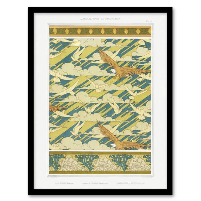"Artery8 Eagles Doves Seashell Patterns Vintage Framed Wall Art Print Verneuil in Green - Size: W12"" x H16""" - image 1