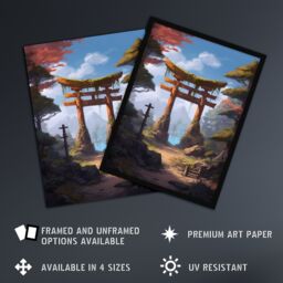 Artery8 Wall Art Print Old Torii Gate Leading to Shinto Shrine by Lake Painting Pink Green Blue Tranquil Sacred Grounds Forest Mountain Landscape Art - thumbnail 2