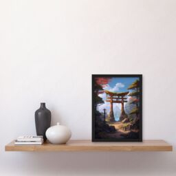 Artery8 Wall Art Print Old Torii Gate Leading to Shinto Shrine by Lake Painting Pink Green Blue Tranquil Sacred Grounds Forest Mountain Landscape Art - thumbnail 4