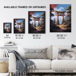 Artery8 Wall Art Print Old Torii Gate Leading to Shinto Shrine by Lake Painting Pink Green Blue Tranquil Sacred Grounds Forest Mountain Landscape Art - thumbnail 3