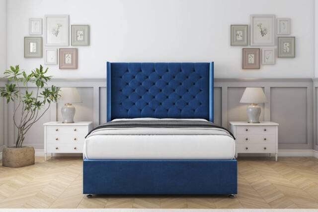 "Sloomy Dior Plush Divan Bed Base No Drawers - 54"" Wingback Headboard in Navy - Size: Small Double" - image 1