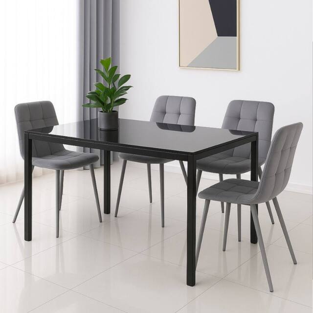KOSY KOALA Modern Black Glass Dining Table Set with 4 Grey velvet Chairs - Size: 120 cm x 70 cm - image 1