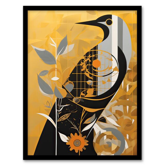 Artery8 Wall Art Print Cuckoo Clock Abstract Geometric Gold Grey Black Framed - Size: A4 - image 1