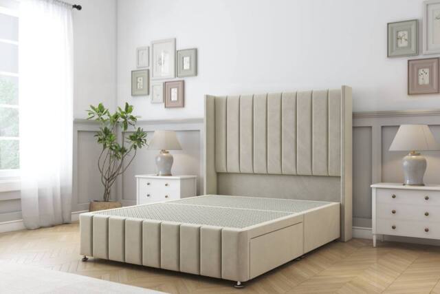 "Sloomy Melbourne Plush Divan Base 2 Drawers -54"" Wingback 12"" Footboard in Cream - Size: Small Double" - image 1