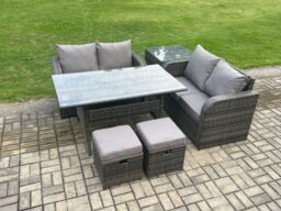 Fimous Garden Patio Furniture Wicker Rattan Oblong Rectangular Dining Table & Loveseat Sofa set with Side Table in Dark Grey - thumbnail 2