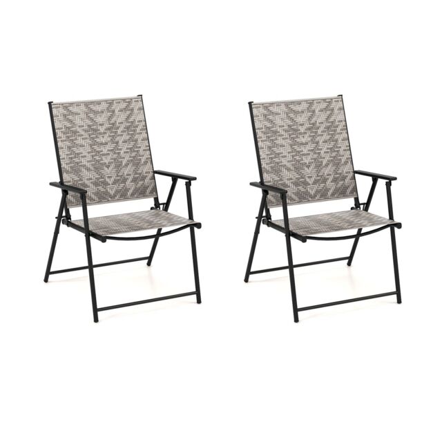 Costway Set of 2 Patio Folding Chairs Outdoor Wicker Dining Chairs with Armrests in Grey - image 1