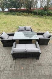 Fimous Rattan Outdoor Furniture Adjustable Rising Lifting Rectangle Dining Table Chairs 6 Seater in Dark Grey - thumbnail 2
