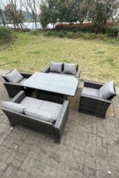 Fimous Rattan Outdoor Furniture Adjustable Rising Lifting Rectangle Dining Table Chairs 6 Seater in Dark Grey - thumbnail 1