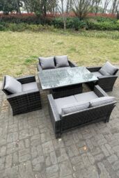 Fimous Rattan Outdoor Furniture Adjustable Rising Lifting Rectangle Dining Table Chairs 6 Seater in Dark Grey - thumbnail 3
