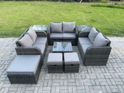 Fimous 9 Seater Outdoor Garden Furniture Sets Wicker Rattan Furniture Sofa Sets with Square Coffee Table Love seat Sofa 3 Footstools 2 Side Tables - thumbnail 2