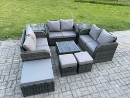 Fimous 9 Seater Outdoor Garden Furniture Sets Wicker Rattan Furniture Sofa Sets with Square Coffee Table Love seat Sofa 3 Footstools 2 Side Tables - thumbnail 1