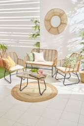 Neo 4 Piece Wicker Bamboo Style Garden Sofa, Table & Chairs Set in Natural