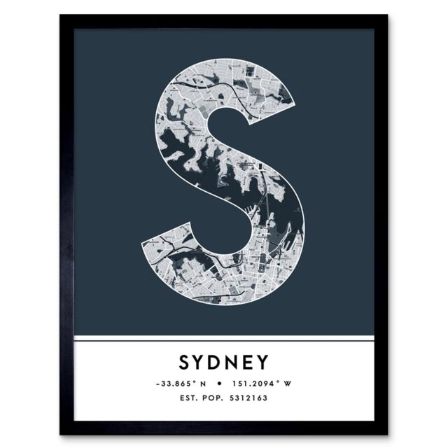 "Wee Blue Coo Wall Art Print Sydney Australia City Map Modern Typography Stylish Letter Framed Word in Navy - Size: W12"" x H16""" - image 1