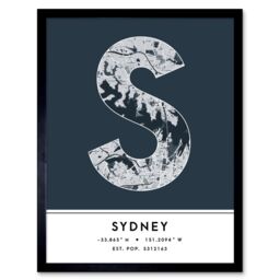 "Wee Blue Coo Wall Art Print Sydney Australia City Map Modern Typography Stylish Letter Framed Word in Navy - Size: W12"" x H16""" - thumbnail 1