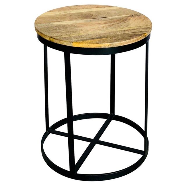 Jaipur Furniture Ltd Ravi Iron Base Solid Wood Small Round Stool - L41 x W41 x H52 cm - Mango Light Finish in Brown - image 1