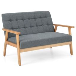 Gymax Linen Loveseat Sofa 2-seat Cushioned Wooden Couch With Tufted Design in Grey - thumbnail 1