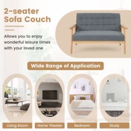 Gymax Linen Loveseat Sofa 2-seat Cushioned Wooden Couch With Tufted Design in Grey - thumbnail 3