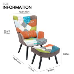 HomeMiYN Patchwork Fabric Single-Seater Sofa with Brown/Orange Cushion & Footstool For Living Room, Bedroom in Orange - thumbnail 5