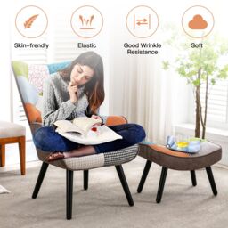 HomeMiYN Patchwork Fabric Single-Seater Sofa with Brown/Orange Cushion & Footstool For Living Room, Bedroom in Orange - thumbnail 7