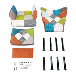 HomeMiYN Patchwork Fabric Single-Seater Sofa with Brown/Orange Cushion & Footstool For Living Room, Bedroom in Orange - thumbnail 6