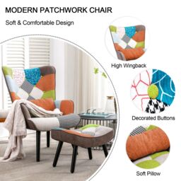 HomeMiYN Patchwork Fabric Single-Seater Sofa with Brown/Orange Cushion & Footstool For Living Room, Bedroom in Orange - thumbnail 4