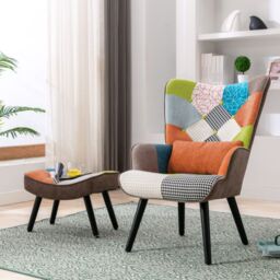 HomeMiYN Patchwork Fabric Single-Seater Sofa with Brown/Orange Cushion & Footstool For Living Room, Bedroom in Orange - thumbnail 9
