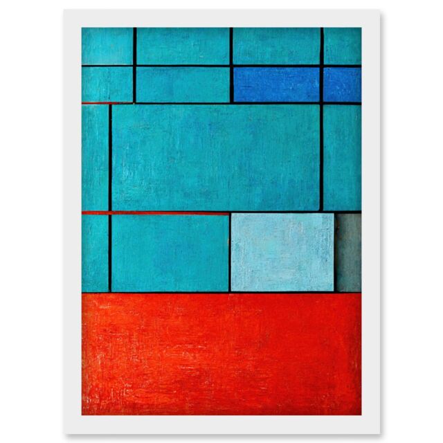 Artery8 Piet Mondrian Style Teal Red Abstract Harmony Artwork Framed Wall Art Print A4 in White - image 1