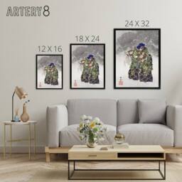 "Artery8 Noh Play Eboshiori Actor Costume Framed Canvas Wall Art Print Tsukioka in Green - Size: W12"" x H16""" - thumbnail 4