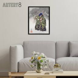 "Artery8 Noh Play Eboshiori Actor Costume Framed Canvas Wall Art Print Tsukioka in Green - Size: W12"" x H16""" - thumbnail 3