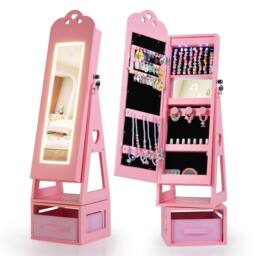 Costway Kids Jewelry Armoire Cabinet 360° Swivel Jewelry Organizer w/ Mirror in Pink - thumbnail 1