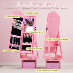 Costway Kids Jewelry Armoire Cabinet 360° Swivel Jewelry Organizer w/ Mirror in Pink - thumbnail 6