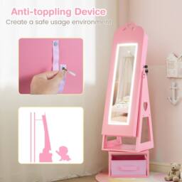 Costway Kids Jewelry Armoire Cabinet 360° Swivel Jewelry Organizer w/ Mirror in Pink - thumbnail 8