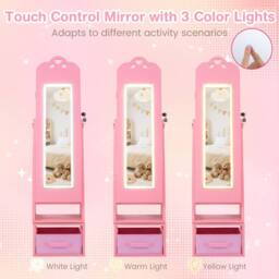 Costway Kids Jewelry Armoire Cabinet 360° Swivel Jewelry Organizer w/ Mirror in Pink - thumbnail 5