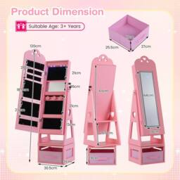 Costway Kids Jewelry Armoire Cabinet 360° Swivel Jewelry Organizer w/ Mirror in Pink - thumbnail 2