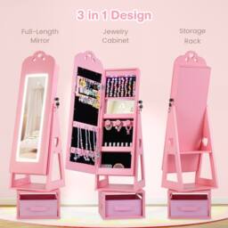 Costway Kids Jewelry Armoire Cabinet 360° Swivel Jewelry Organizer w/ Mirror in Pink - thumbnail 4