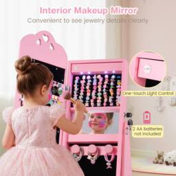 Costway Kids Jewelry Armoire Cabinet 360° Swivel Jewelry Organizer w/ Mirror in Pink - thumbnail 9