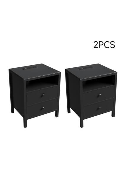 Living and Home 2Pcs Bedside Tables with Charging Station & Drawers in Black - image 1