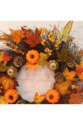 Living and Home 45cm Artificial Pre-lit Autumn Harvest Wreath with Maple Leaves, Pumpkins & Berries for Front Door & Fireplace in Orange - thumbnail 3