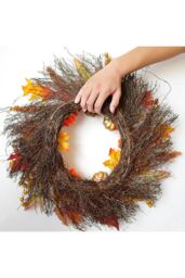 Living and Home 45cm Artificial Pre-lit Autumn Harvest Wreath with Maple Leaves, Pumpkins & Berries for Front Door & Fireplace in Orange - thumbnail 5