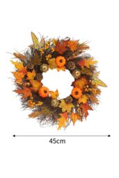 Living and Home 45cm Artificial Pre-lit Autumn Harvest Wreath with Maple Leaves, Pumpkins & Berries for Front Door & Fireplace in Orange - thumbnail 6