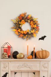 Living and Home 45cm Artificial Pre-lit Autumn Harvest Wreath with Maple Leaves, Pumpkins & Berries for Front Door & Fireplace in Orange