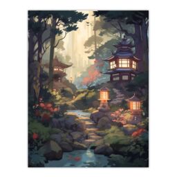 Artery8 Wall Art Print Traditional Japan Garden Painting Orange Pink Green Blue Stone Lanterns & Towers by Lake Spring Landscape Poster - thumbnail 1