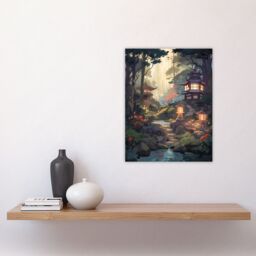 Artery8 Wall Art Print Traditional Japan Garden Painting Orange Pink Green Blue Stone Lanterns & Towers by Lake Spring Landscape Poster - thumbnail 4