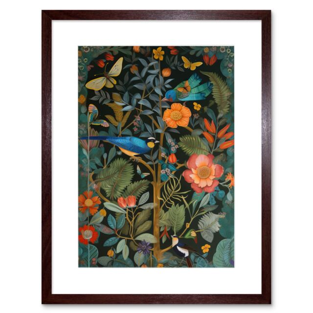 "Artery8 Wall Art Print Birds & Butterflies Modern Flower Art Nouveau Artwork Framed 9X7 Inch in Brown - Size: W7"" x H9""" - image 1