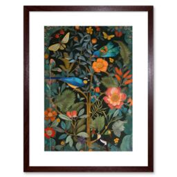 "Artery8 Wall Art Print Birds & Butterflies Modern Flower Art Nouveau Artwork Framed 9X7 Inch in Brown - Size: W7"" x H9""" - thumbnail 1