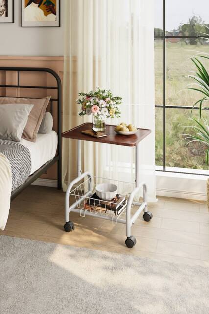 Mobile Side Table with Bottom Storage Basket in Walnut - image 1